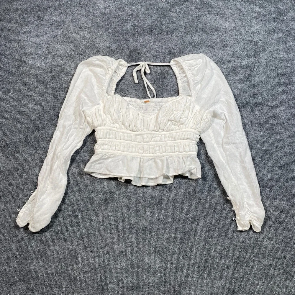 Free People White Smocked Crop Blouse Long Sleeve Tie Back Ruffle Hem Top